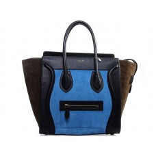 Bolso tote mediano Celine de piel de becerro negra y ante azul claro