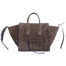 Bolso tote cuadrado Phantom de Celine, de piel de ante color caqui y azul