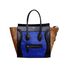 Bolso tote mediano Celine Luggage en piel de becerro negra y pelo de poni azul