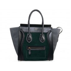 Bolso tote mediano Celine de piel de becerro negra y ante verde oscuro