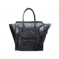 Bolso tote mediano Celine de piel de becerro negra/lana negra