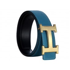 Cinturón de piel Togo de Hermes con hebilla H dorada, azul/negro