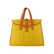 Bolso con solapa Hermes 08c amarillo con ribete de piel naranja