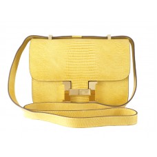 Bolso de hombro Hermes Constance 23 de piel de lagarto amarilla