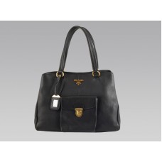 Bolso tote mediano de piel de vaca Prada con bolsillo frontal negro