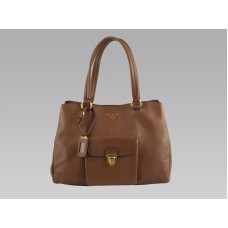 Bolso tote mediano de piel de vaca Prada con bolsillo frontal marrón