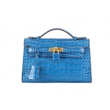 Hermes Matte Kelly Pochette Cocodrilo Azul Roi