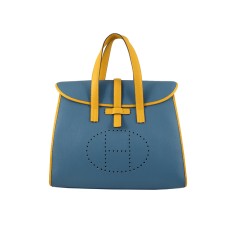 Bolso con solapa Hermes 08c azul con ribete de piel amarilla