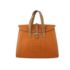 Bolso con solapa Hermes 08c naranja con ribete de piel marrón