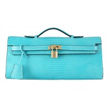 Hermes Kelly Pochette Longue Piel de lagarto Azul