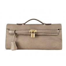 Hermes Kelly Pochette Longue de piel de lagarto gris