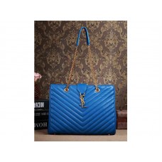 Bolso de compras clásico con monograma de Yves Saint Laurent en piel acolchada con textura Grain de Poudre azul real