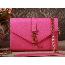 Bolso satchel pequeño con monograma de YSL en piel matelassé texturizada color fucsia lápiz labial