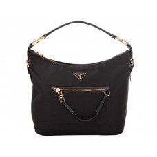 Bolso hobo Prada Tessuto de nailon con ribete de piel, color negro