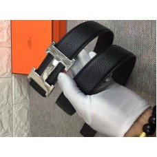 Hebilla de cinturón Hermes H plateada brillante y correa de cuero reversible negra