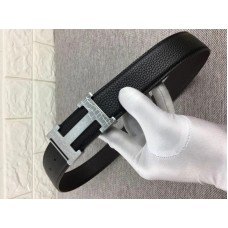 Hebilla de cinturón Hermes Silver H y correa de cuero reversible negra