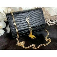 Saint Laurent Kate Medium con borla de piel de cocodrilo brillante negra