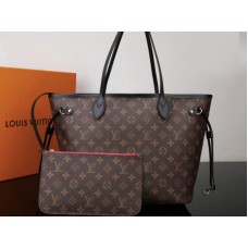 Bolso Louis Vuitton Monogram de lona Neverfull Mm con ribete de piel negra