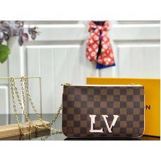 Louis Vuitton Damier Ebene Pochette de lona con doble cremallera Rosa n60254